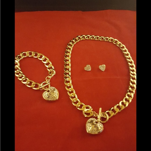 ELEGANT ROSE/GOLD 3PC CRYSTAL LOVE PUFF HEART NECKLACE BRACELET &EARRING 18Kg.p. - Picture 14 of 16